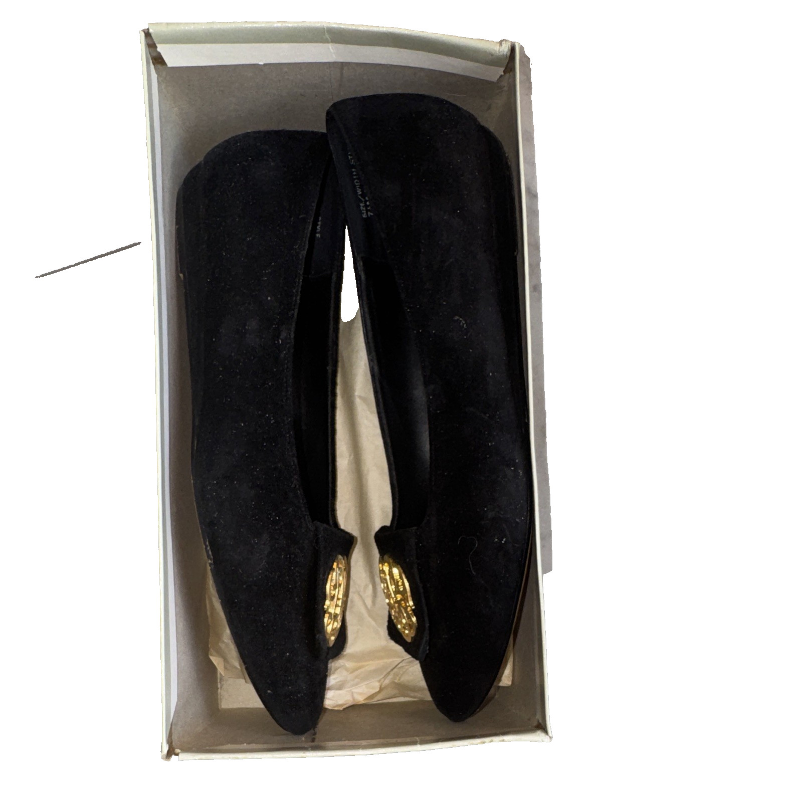 Carriage Court black suede slip on flats, gold tone hardware. 7.5M