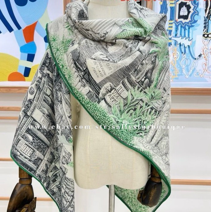 Sallys 70% Cashmere & 30% Silk Wrap Scarf Sanctuary Print 2 Face Shawl 53″ Green