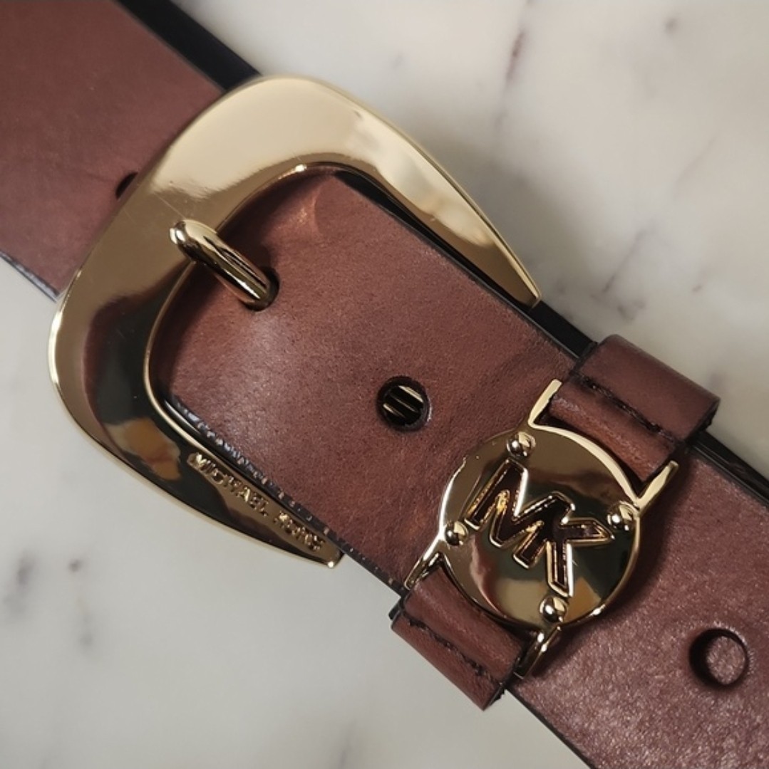 Michael Kors Brown Leather MK Goldtone Logo Belt Buckle Sz40″