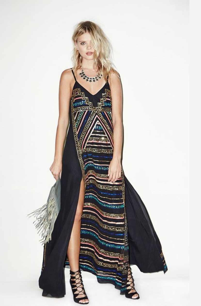 Mara Hoffman Sequin Tribal Long Black Dress With Multi-Color Sequins Size Small