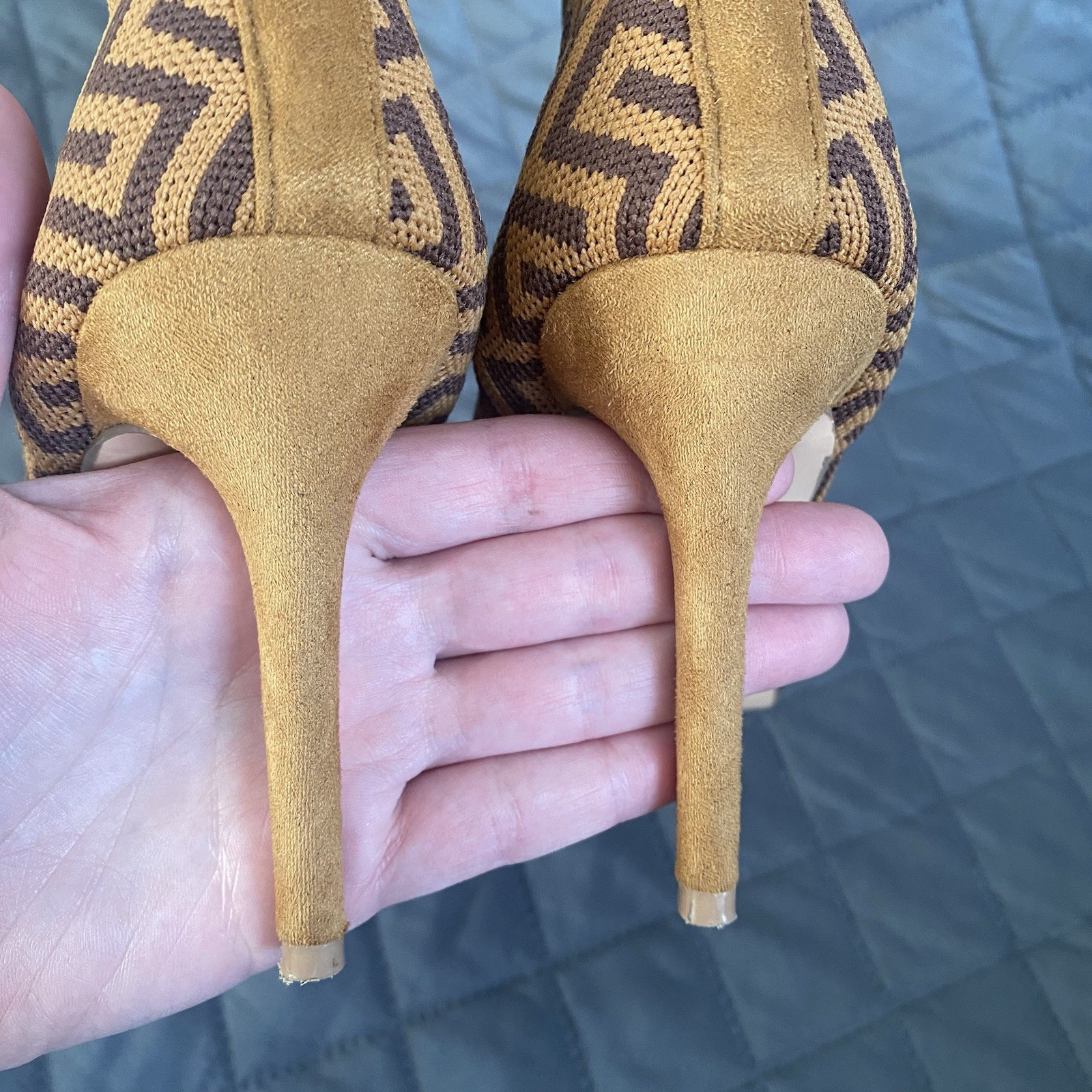 C. Malandrino Monogram Logo Heeled Ankle Sock, Knit, Suede Tan/Brown Boot SZ 8.5