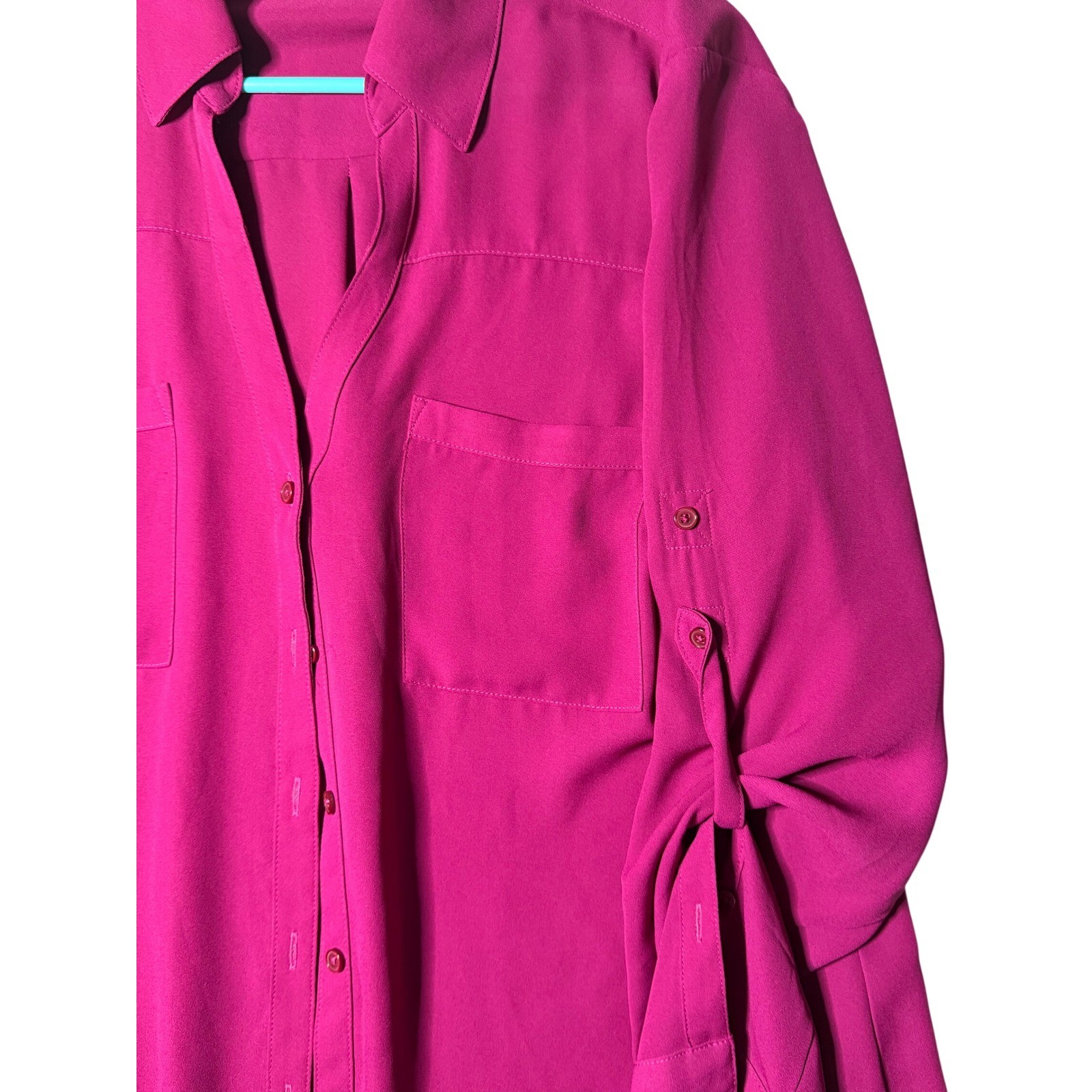 Express Magenta Pink Portofino Roll Tab Sleeve Button Down Blouse Large L