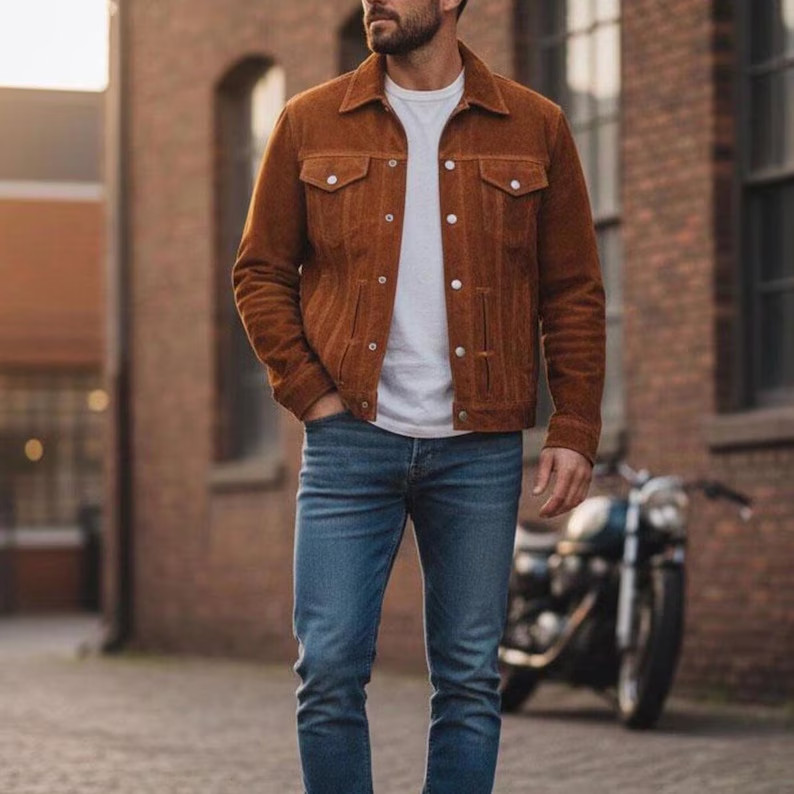 Vintage Multi Colors Suede Leather Trucker Jacket Slim Fit Western Outerwear