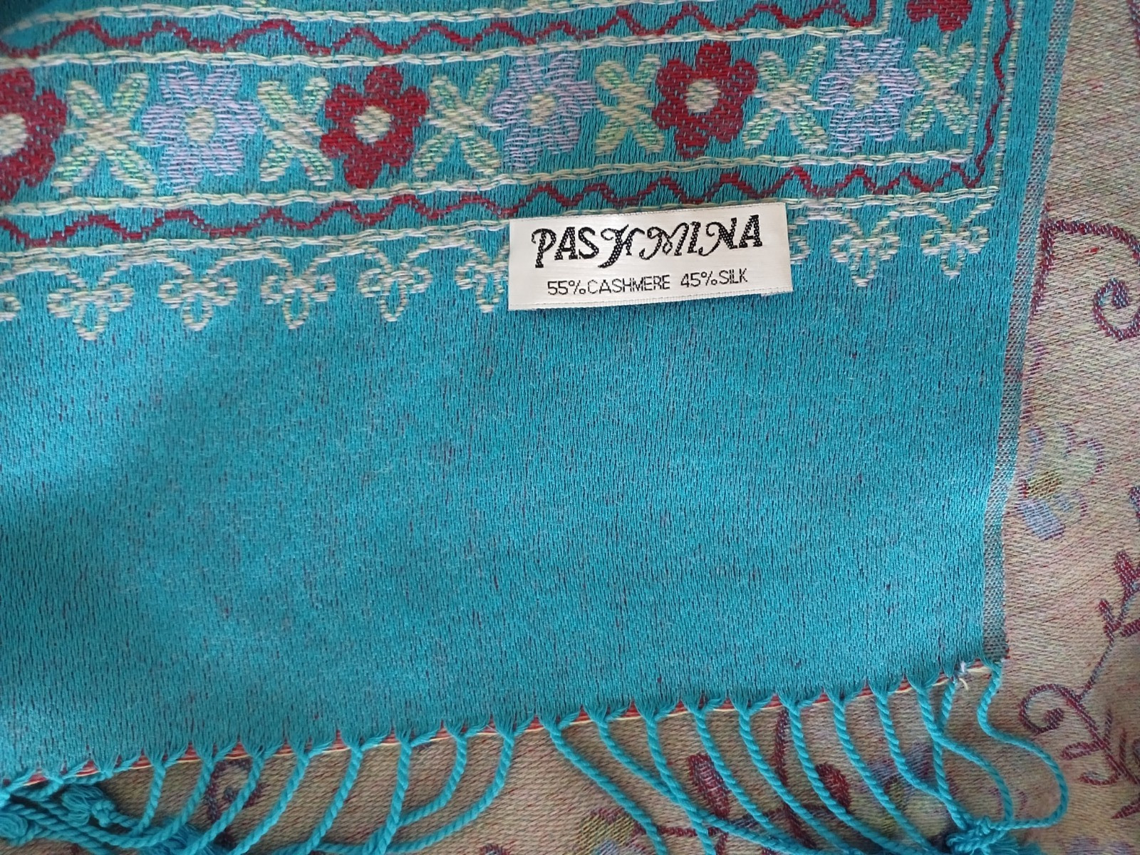 Pashmina Scarf Wrap Shawl Blue Gold Metallic Floral Print 27×64 Inches Fringe