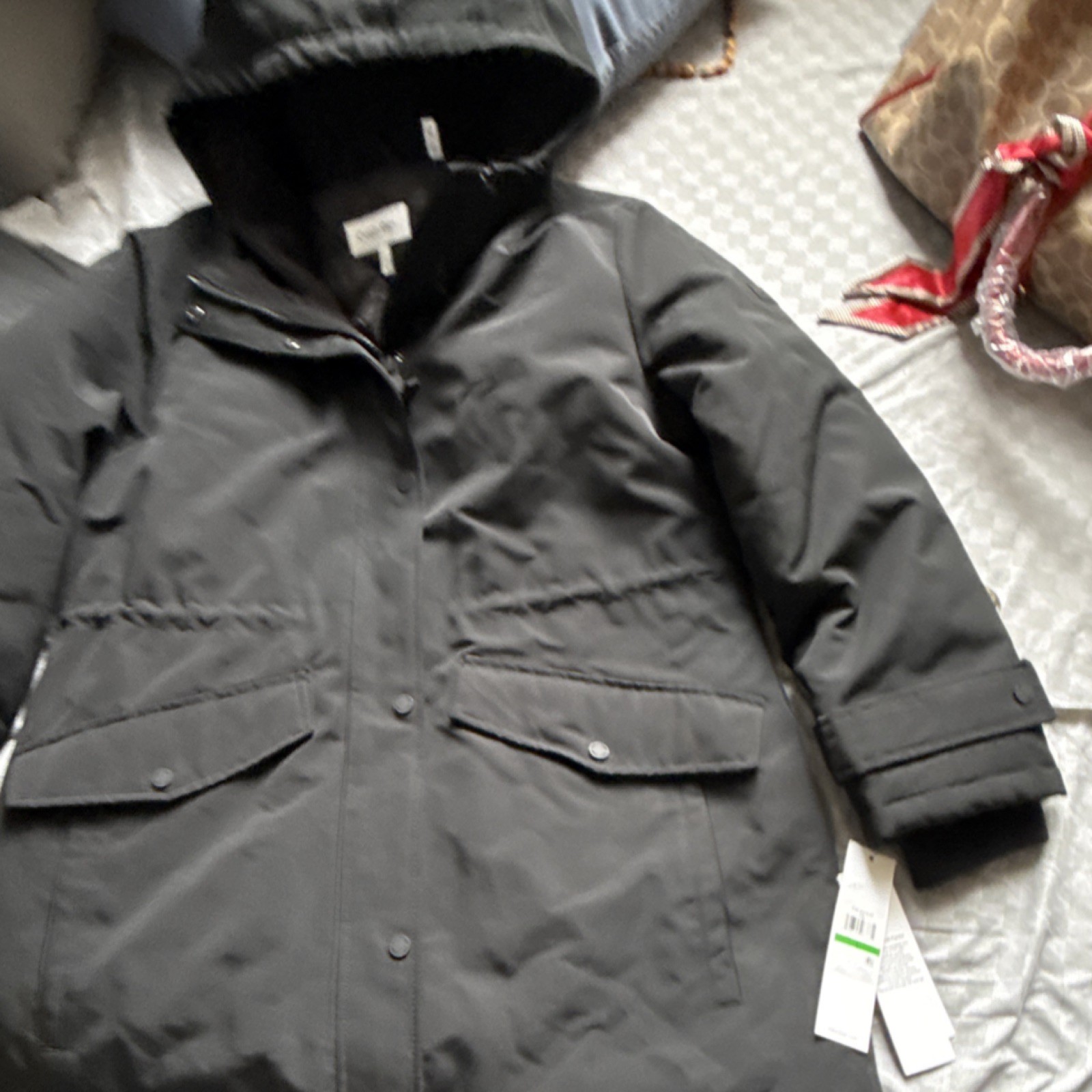 Calvin Klein Black Hooded Parka Coat women Size L Long Lined Zipper Button Logo
