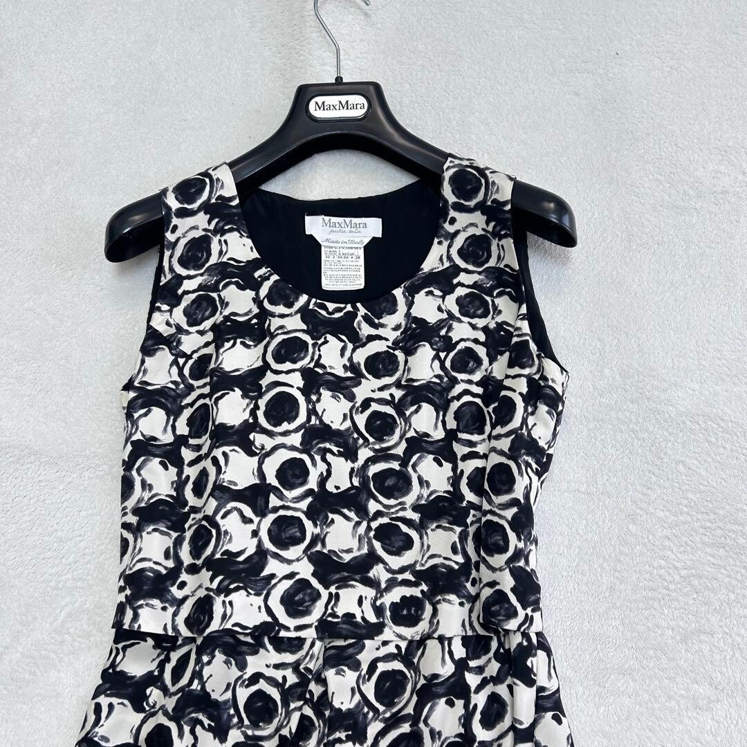 Max Mara Geometric Silk Sheath Dress Black White Sleeveless Lined Auth