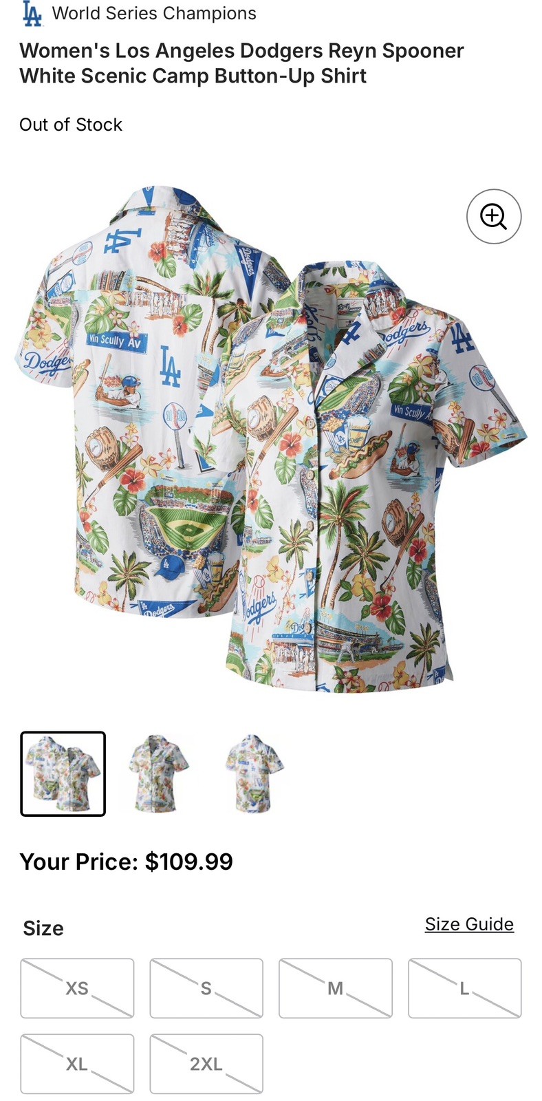 Reyn Spooner Los Angeles Dodgers women’s button up camp shirt Size XXL NWT
