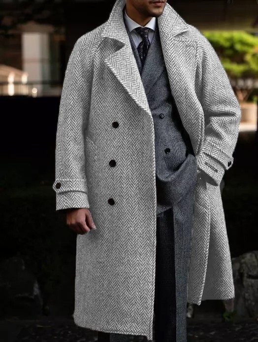 Herringbone Men’s Long Overcoat Tweed Formal Business Double Breasted Men Jacket