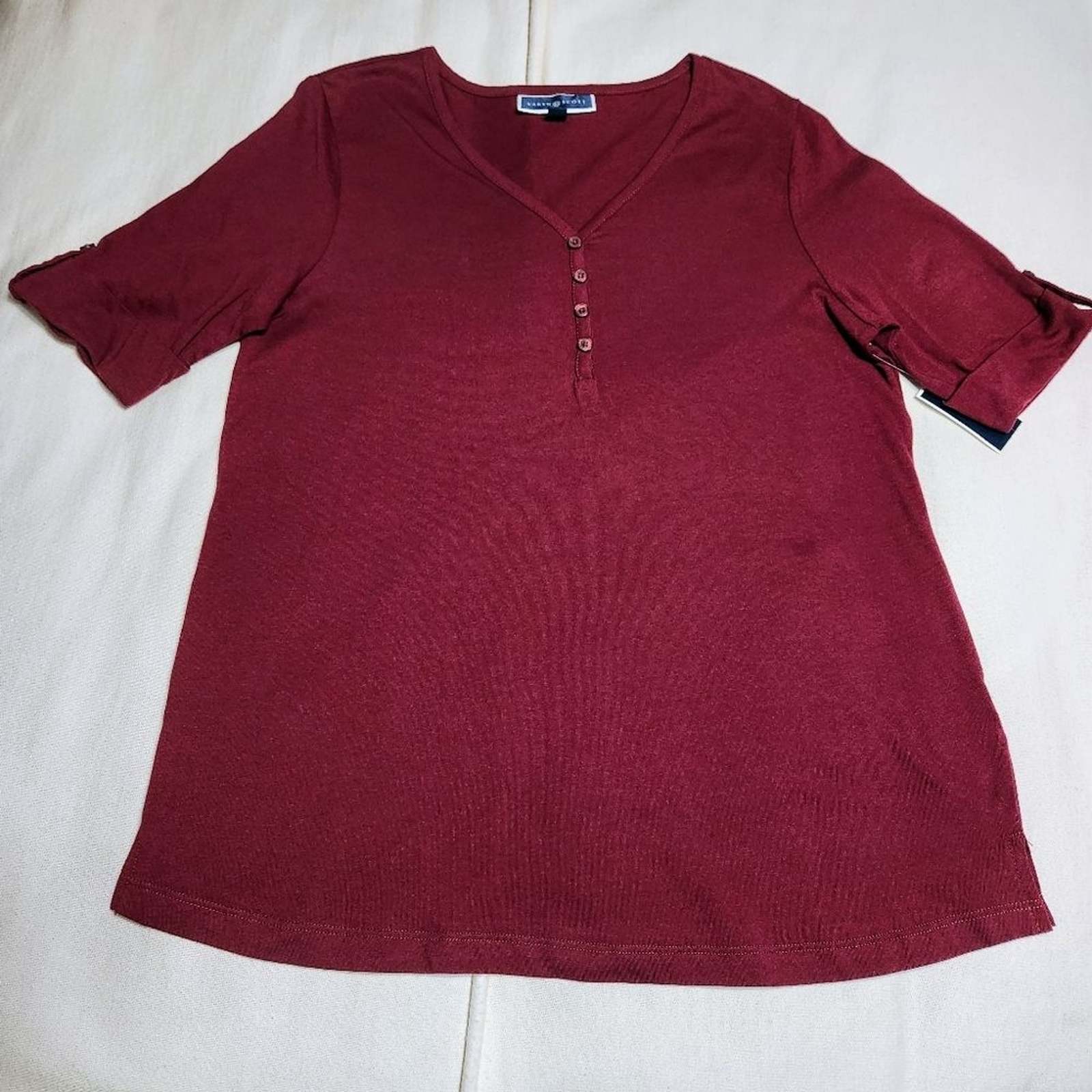 Karen Scott NEW Button Front Button Tab Sleeve Knit Essential Top Burgundy Sm