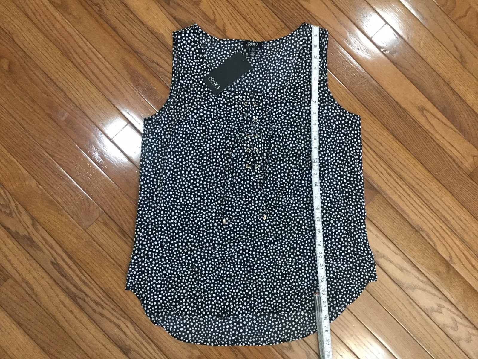 NWT Jones New York Sleeveless BLACK Polka Dot Blouse Top Drawstring Sz M New