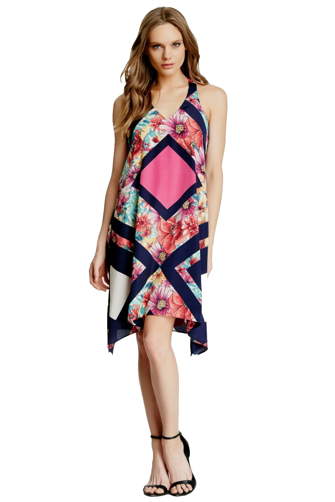 MUSE Size 4 Trapeze A-Line Racerback Handkerchief Floral Print Dress Pink Navy