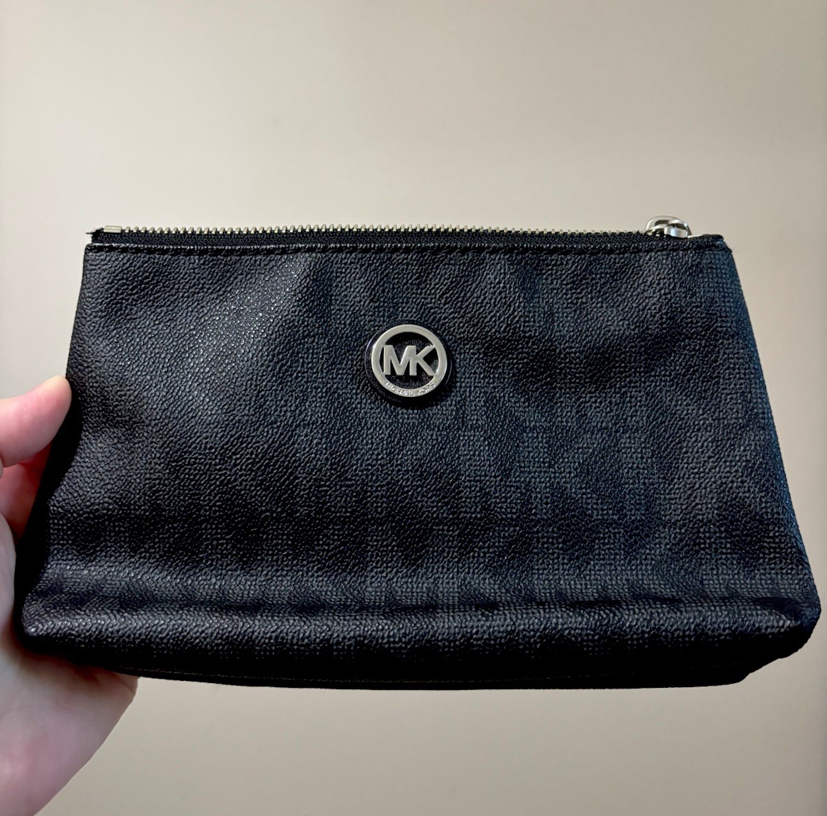 Michael Kors Black Logo Pouch Zip Closure Pebbled Finish Silver Hardware Lined