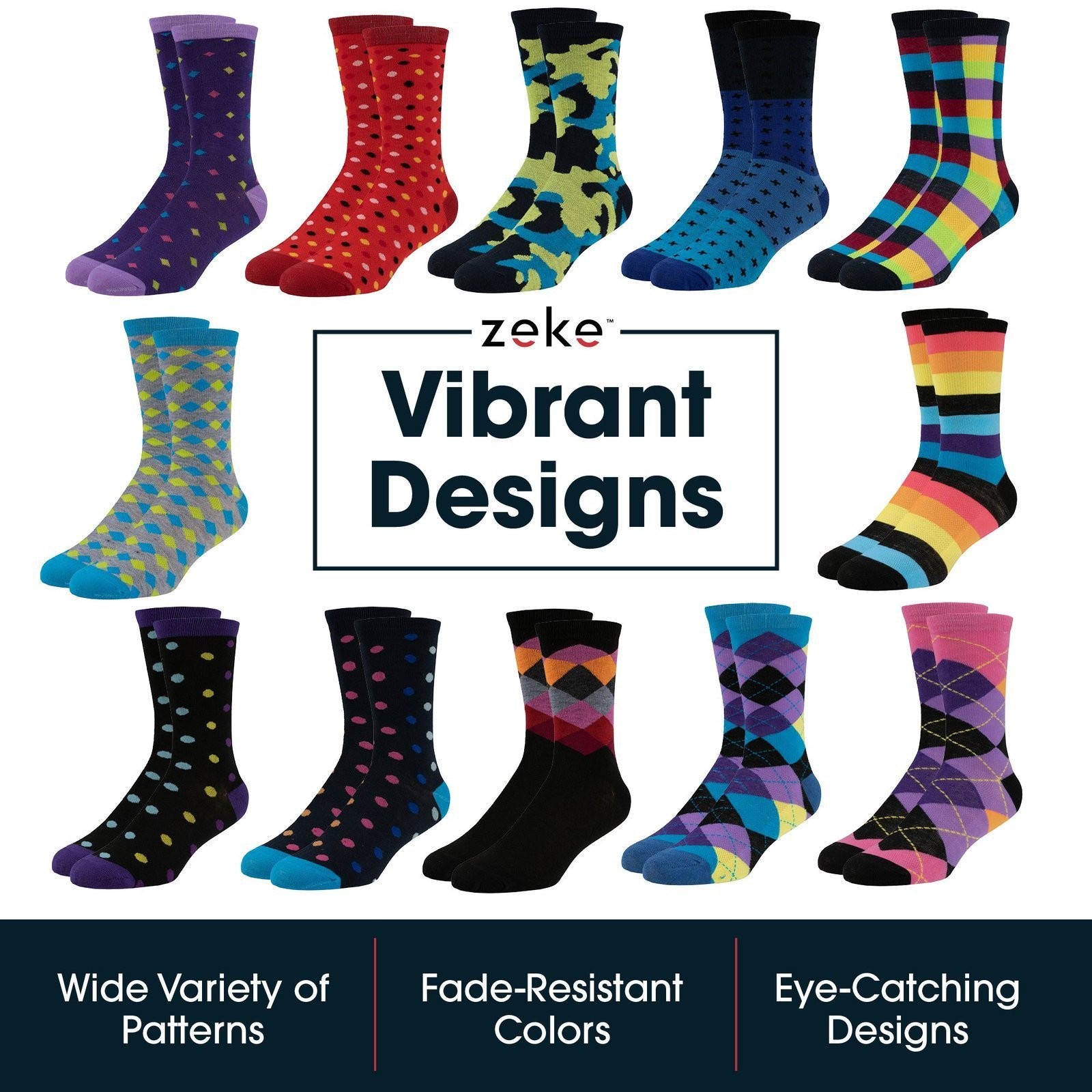 ZEKE Men’s Dress Socks Funky Fun Colorful Crew Socks 12 Assorted Patterns