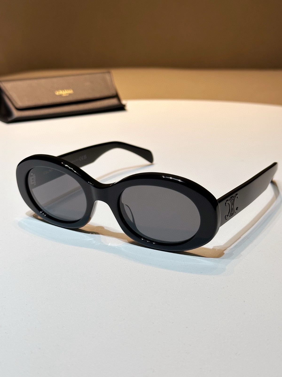 CELINE Paris Triomphe Oval Sunglasses Black Frame Black Logo Luxury