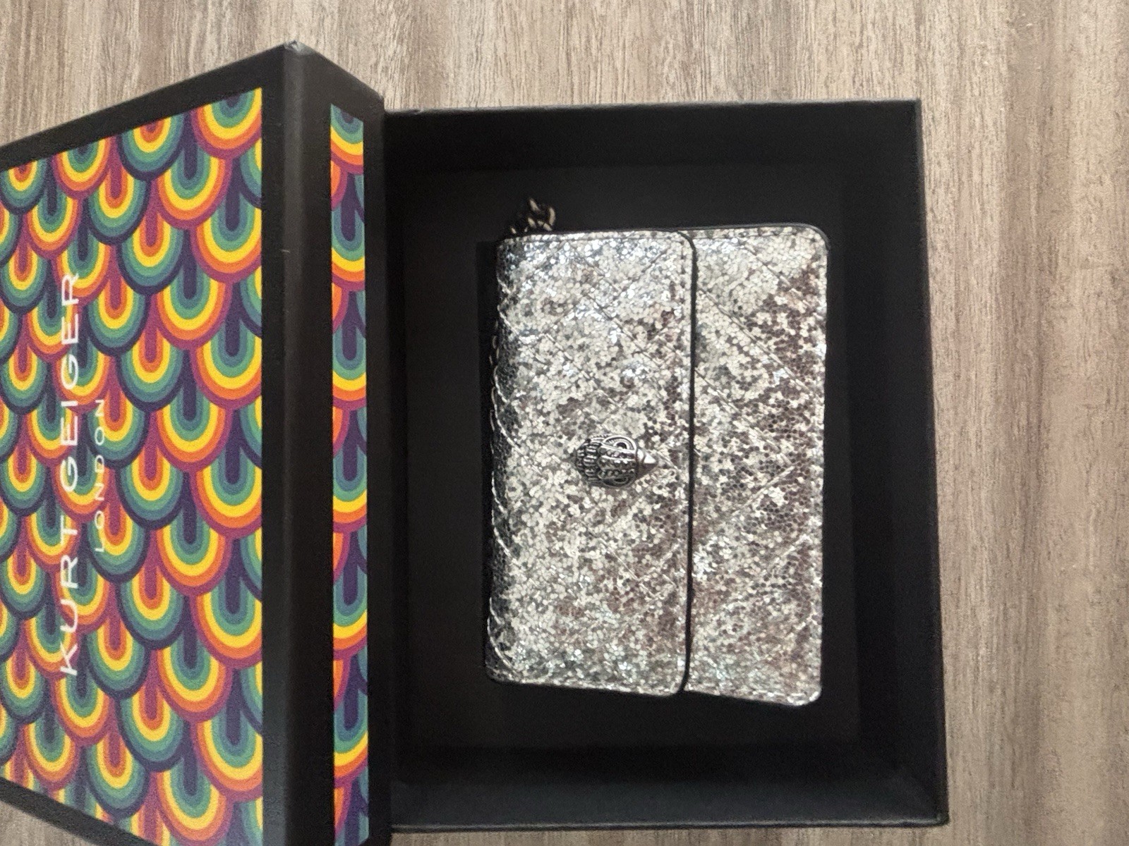 Kurt Geiger Silver Glitter Shoulder Bag Chain Strap Snap Closure w/ Box