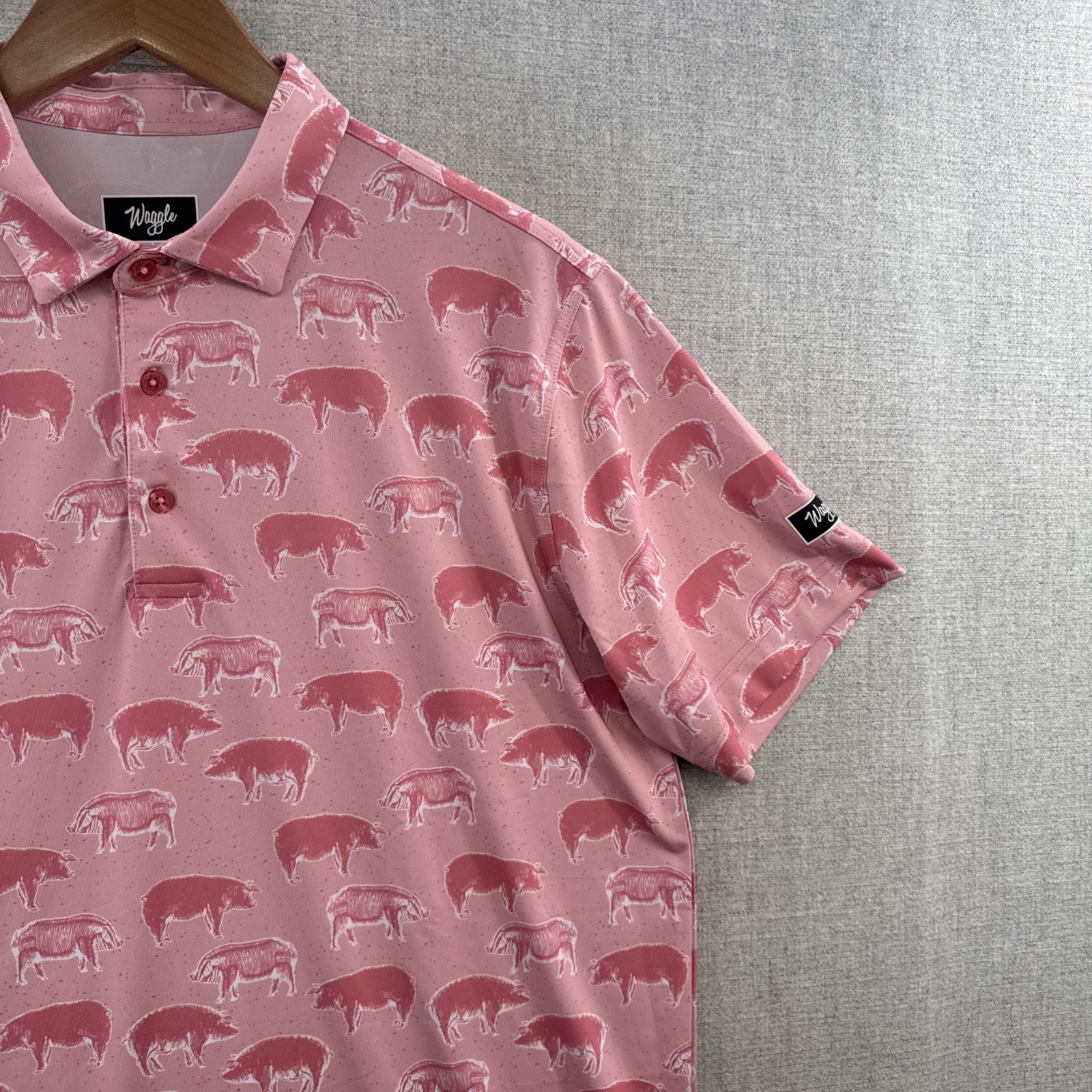 Waggle Polo Shirt Mens Large Pink Hog Heaven Pigs Golf Stretch Outdoor NWI