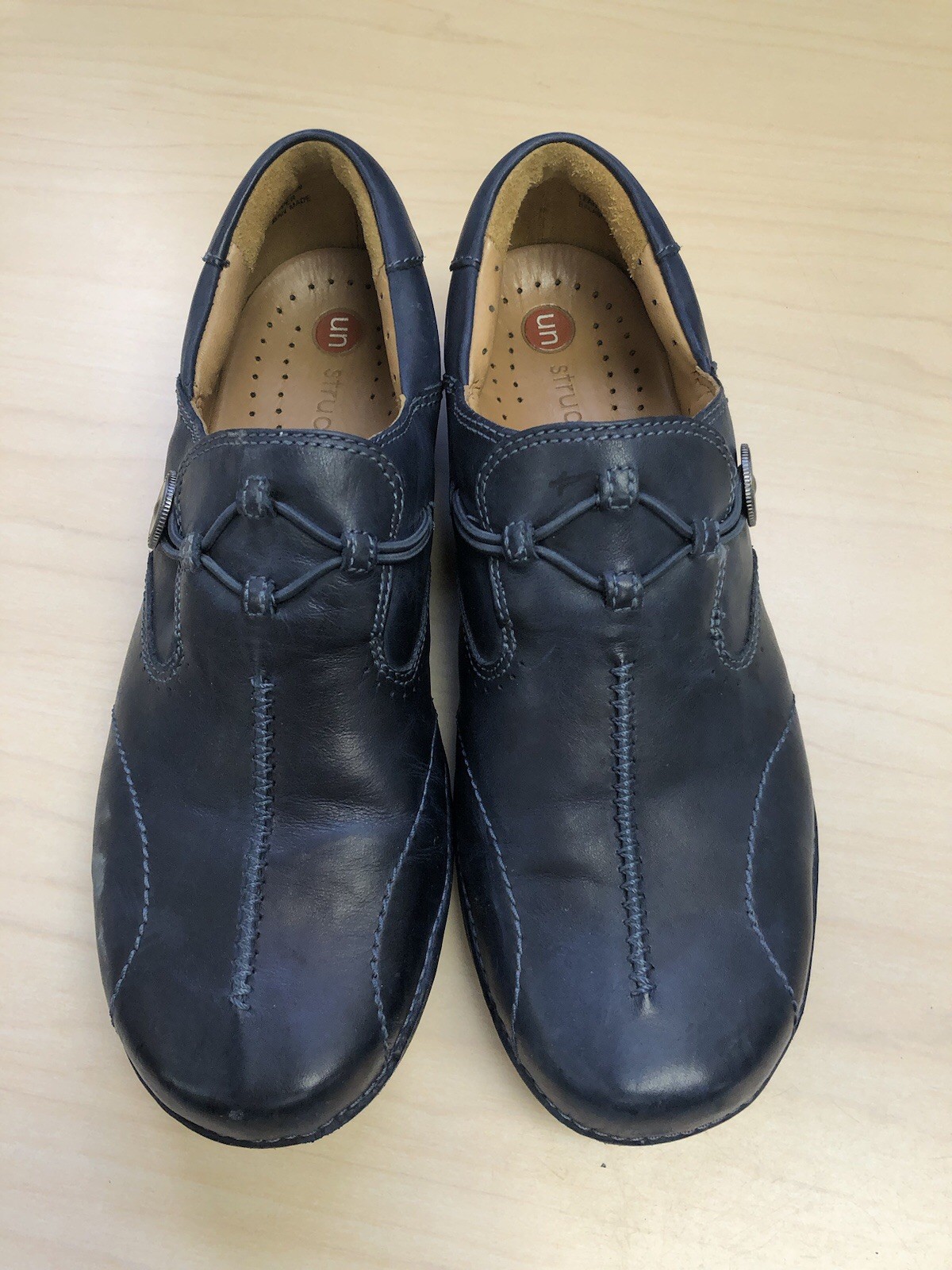 Clarks Structured Un Loop Dark Marine Blue Leather Flat Slip-On Shoes 9.5M