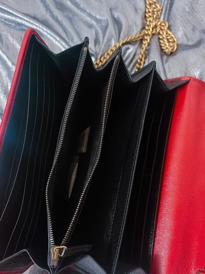 GUCCI Mini Marmont Shoulder Bag Black x Red Leather Chain Shoulder Strap Auth
