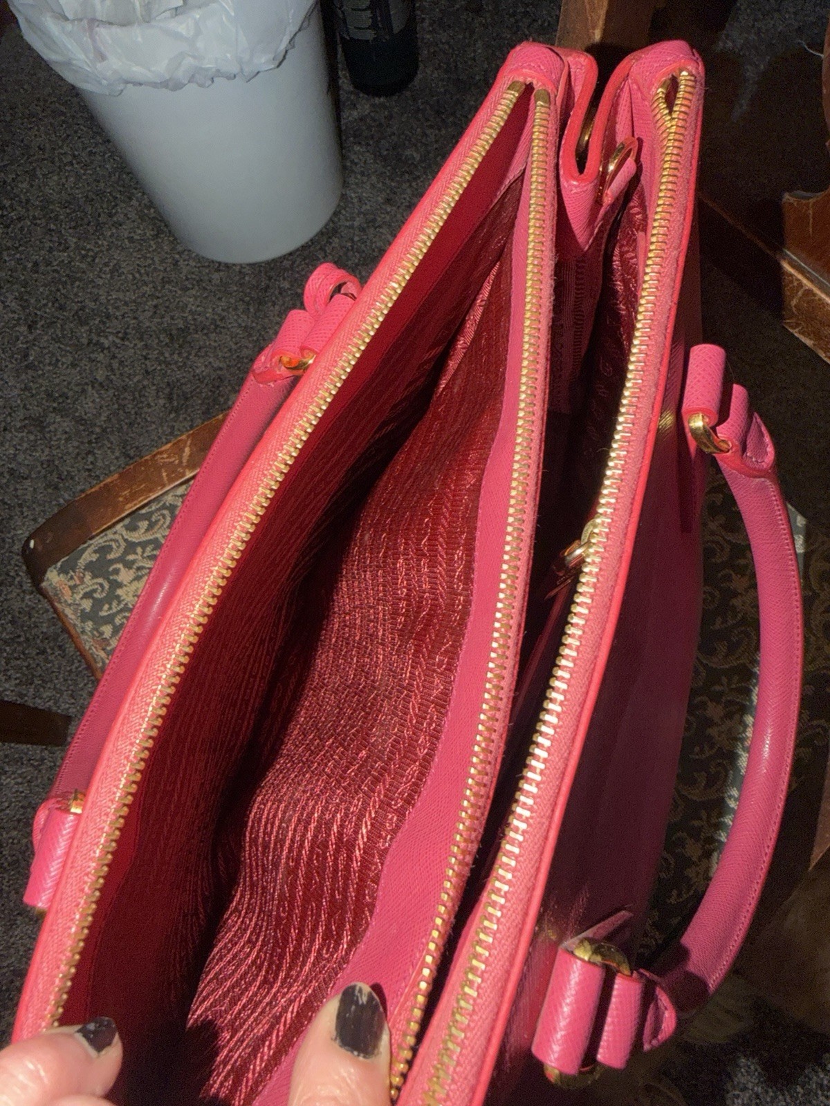 PRADA Pink Saffiano Satchel Top Handle Bag Zip, Detachable Strap, Gold