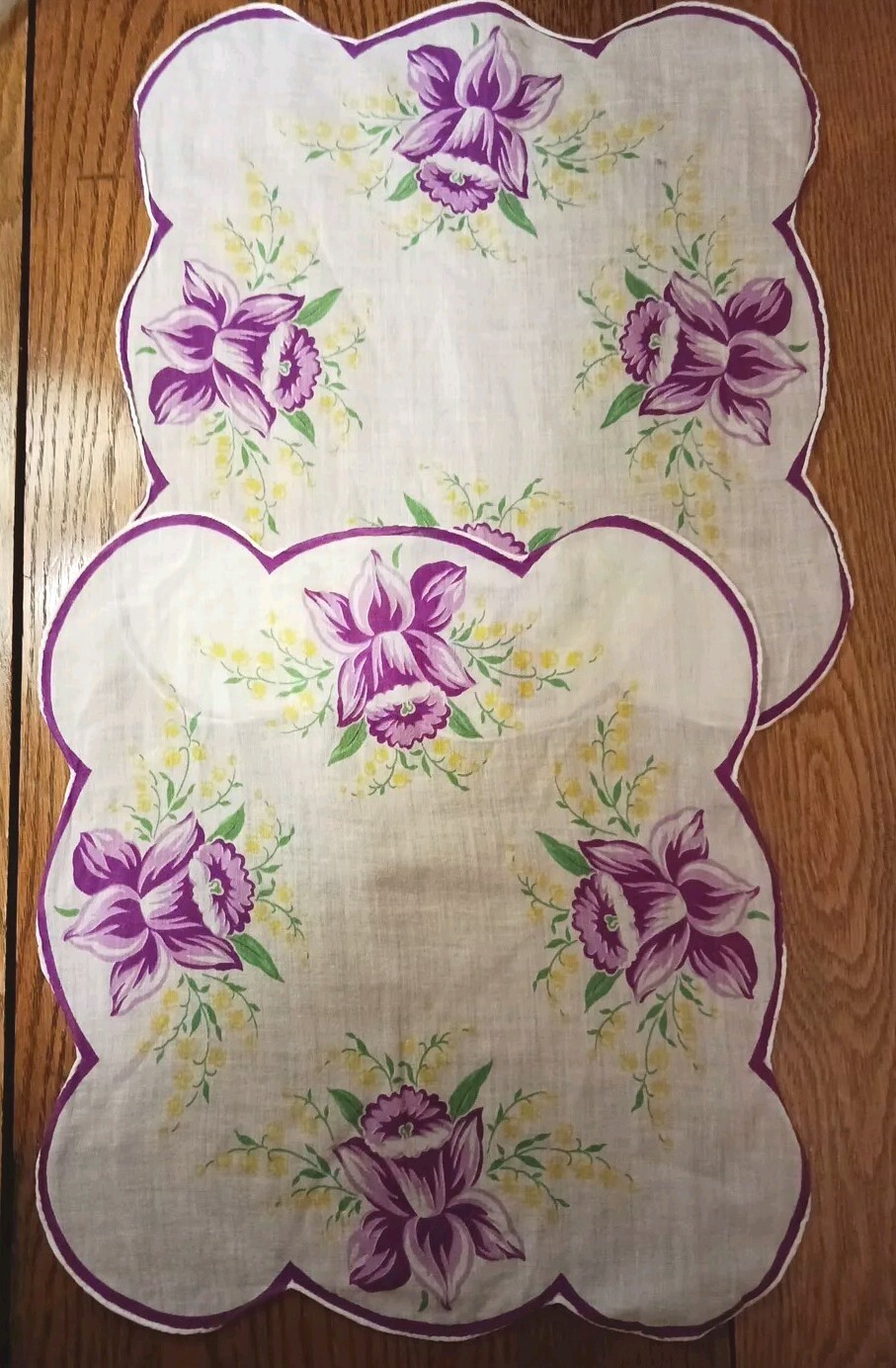 2 Vintage Ladies Hankies -Pretty Purple Irises. 11 X 11.5 in. Nice Condition.