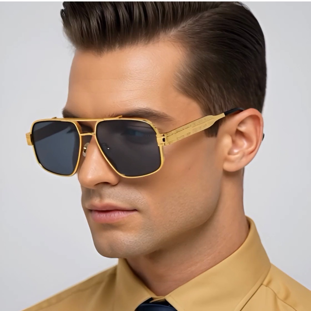 Men Sunglasses Classic Black Lens Square Fashion Design Gold Metal Frame Shades