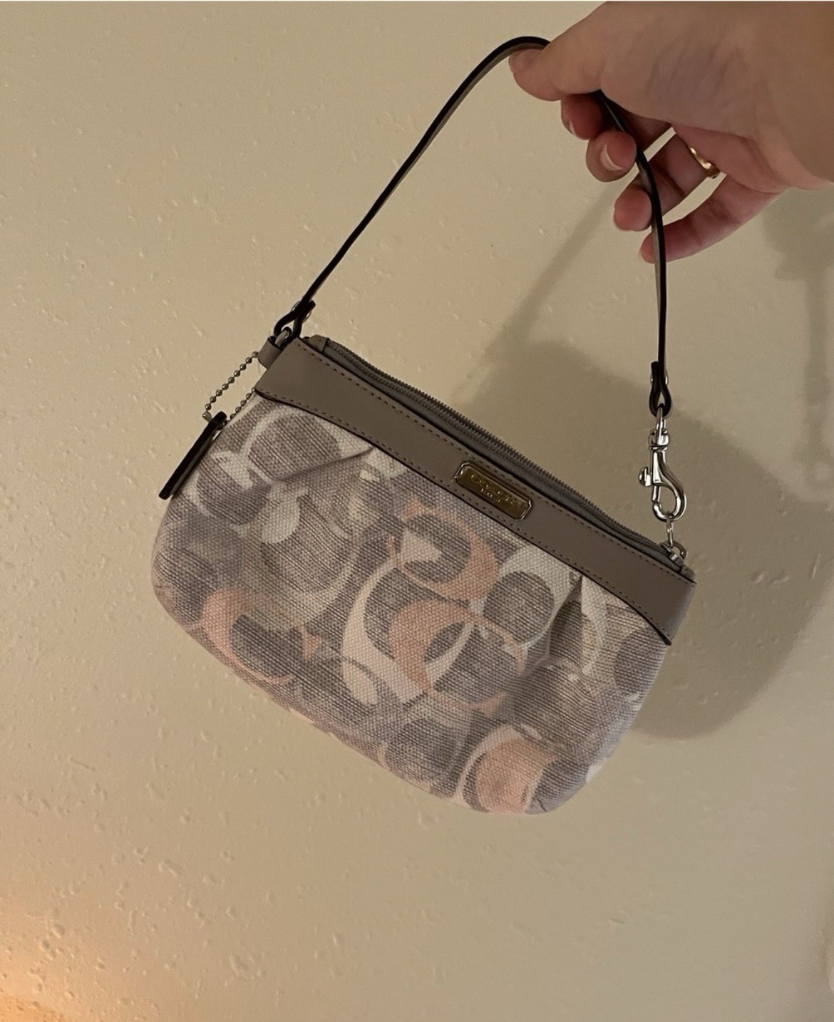 Coach Signature Gray Logo Wristlet Zip Pouch Silver Hardware Wrist Strap