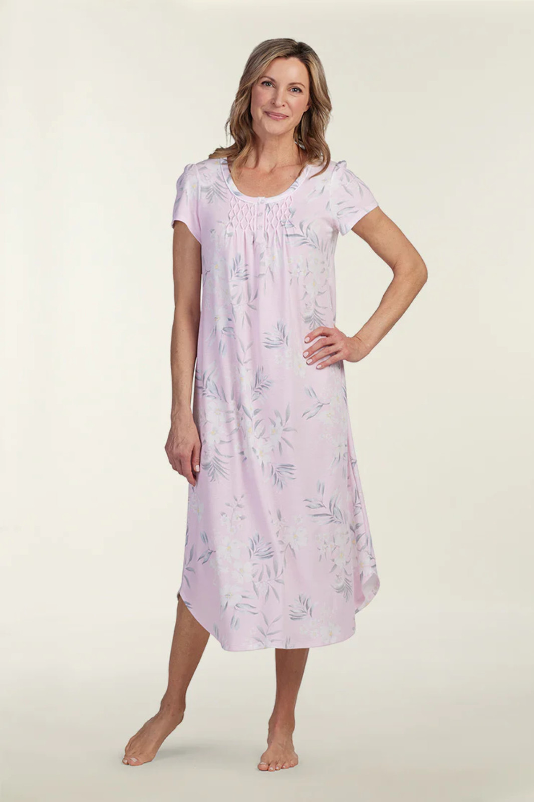 New $59 Miss Elaine Pink/Gray Flowers Cap Sleeves 46″ Long Ballet Nightgown Sz L