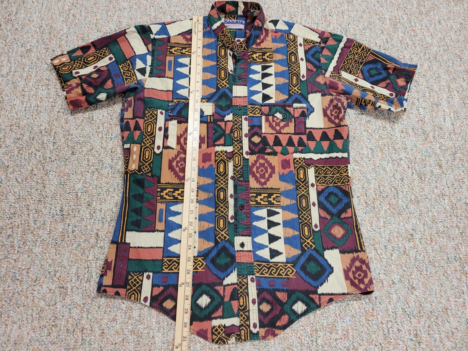 Plainsman Aztec Western Shirt Men Large Multicolor Tribal Geometric Short Sleeve