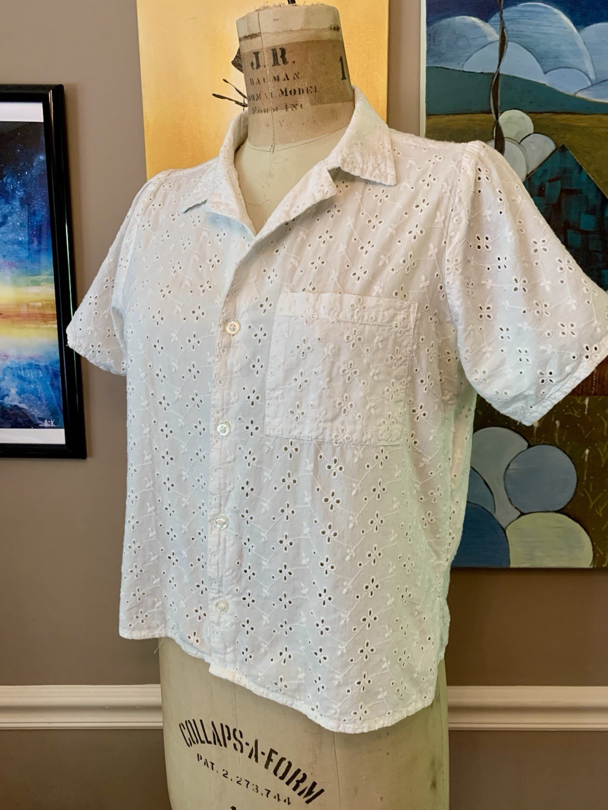 Maisie White Eyelet Lace Button Down Camp Shirt Blouse Size S