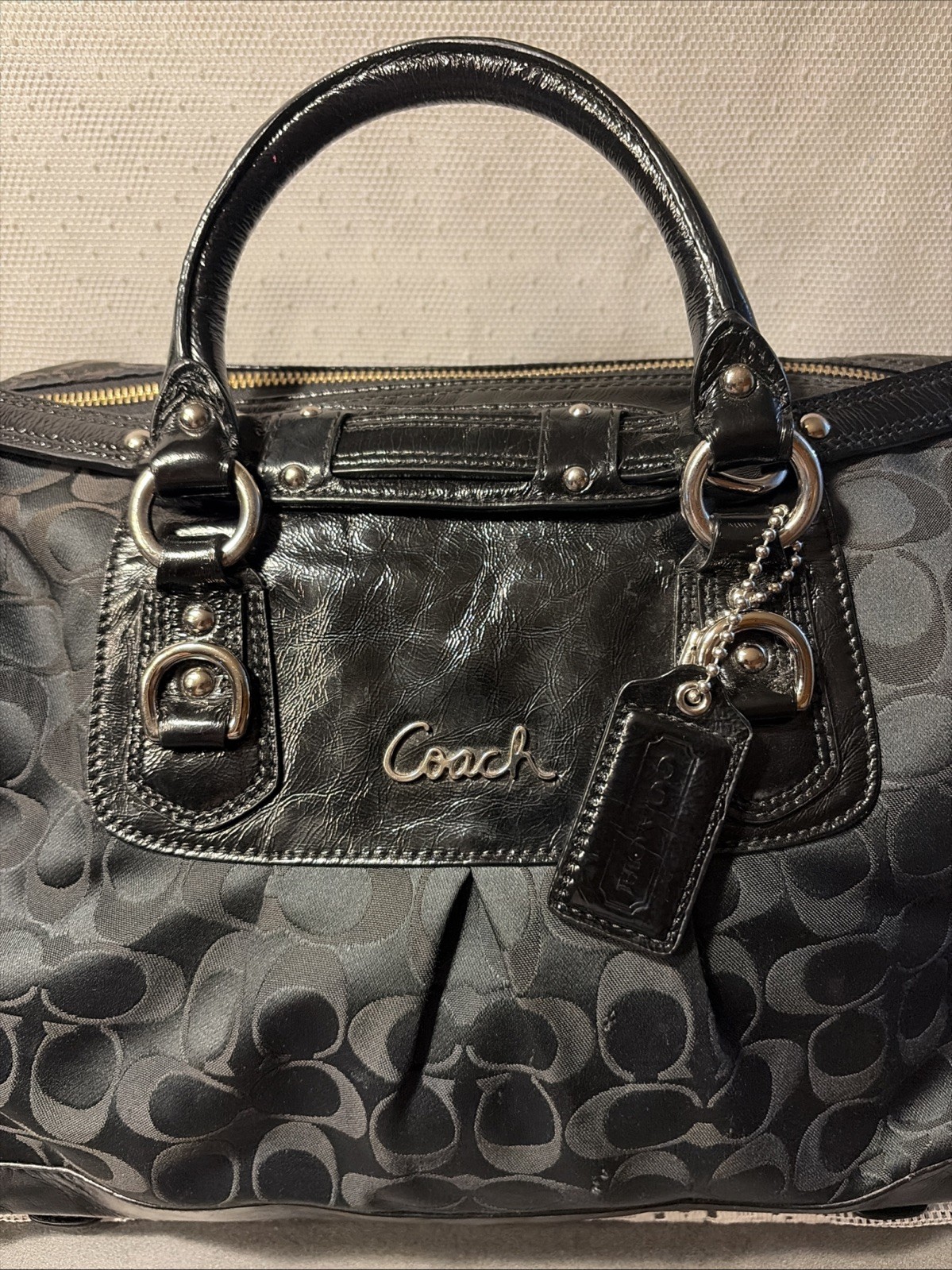Coach Ashley Signature Sateen Large Satchel Black Canvas Leather Bag F15440 Nice
