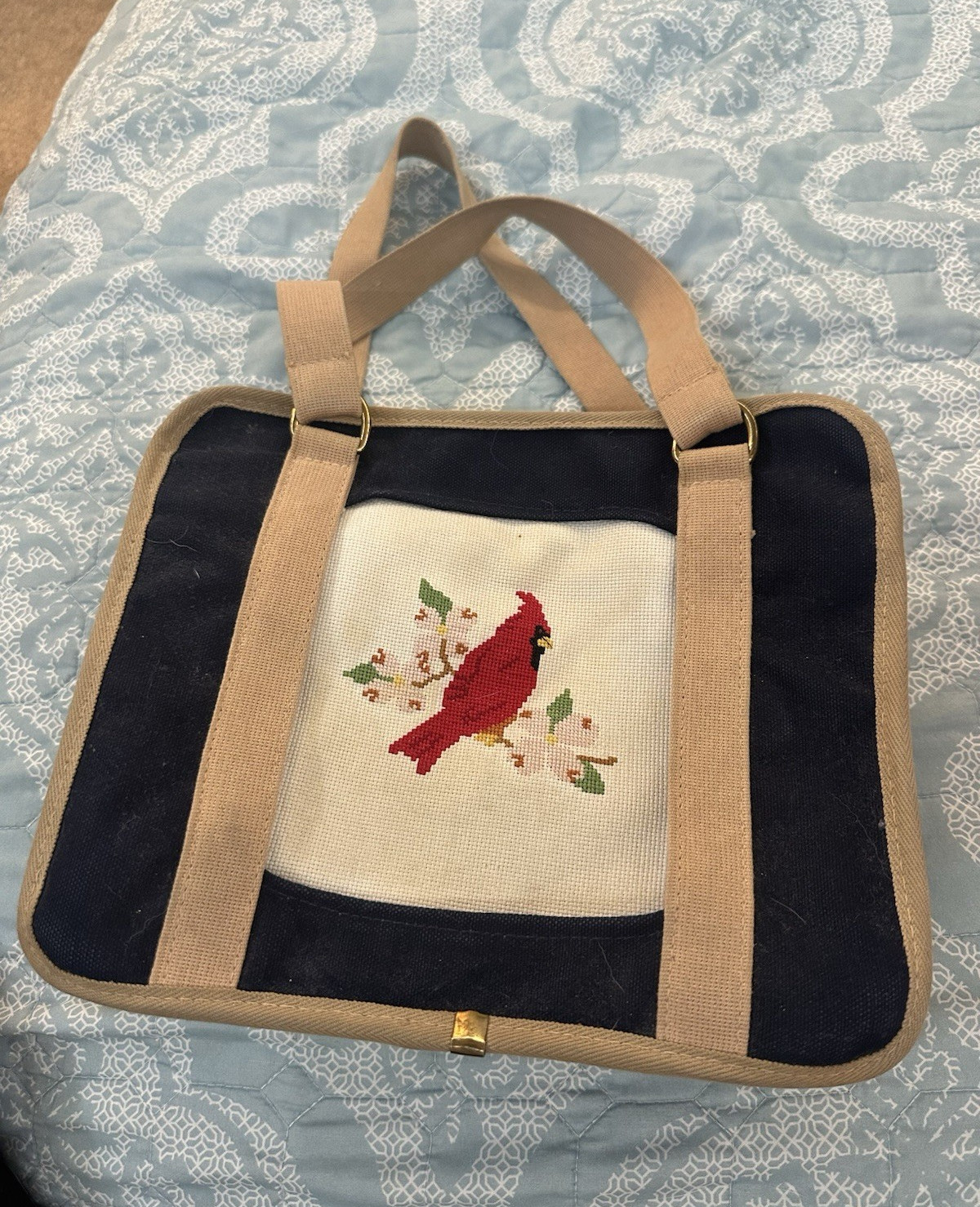 Navy & Beige Tote Bag for Women, Embroidered Cardinal Bird, Zip, Pockets