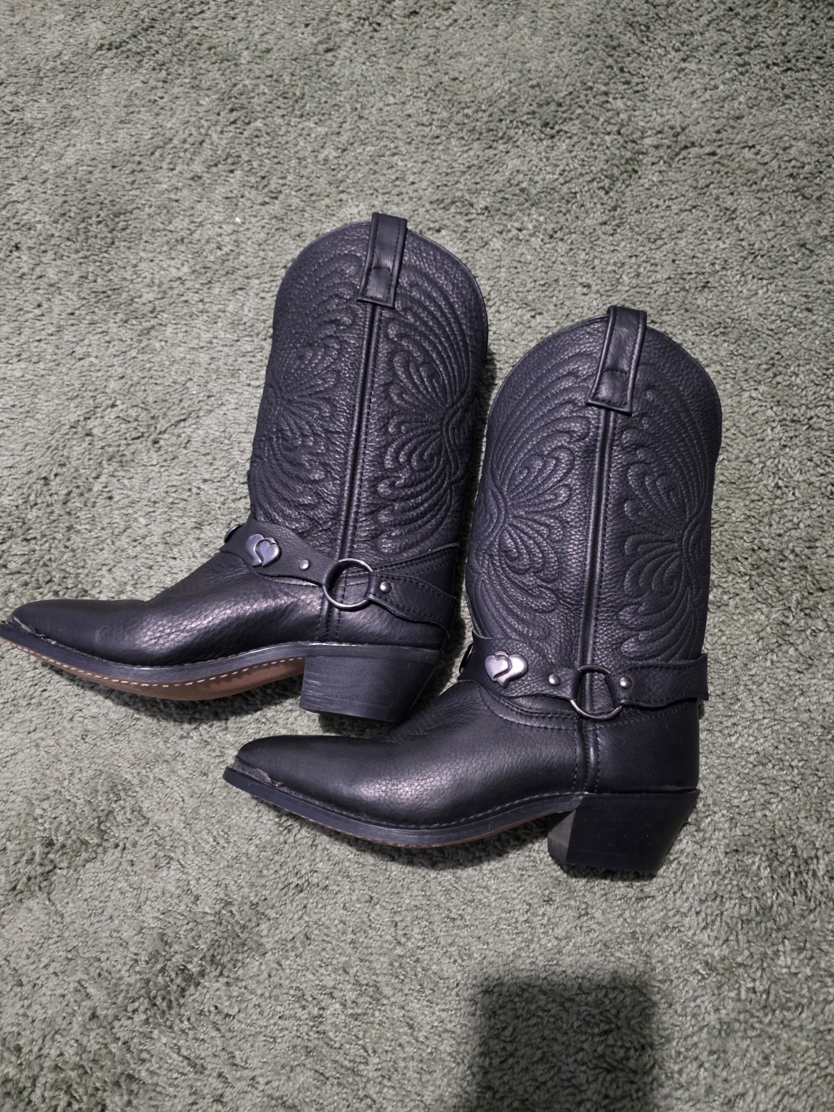 Women’s Black Leather Western Mid-Calf Pull-On Boots Pointed Toe Heart 6M
