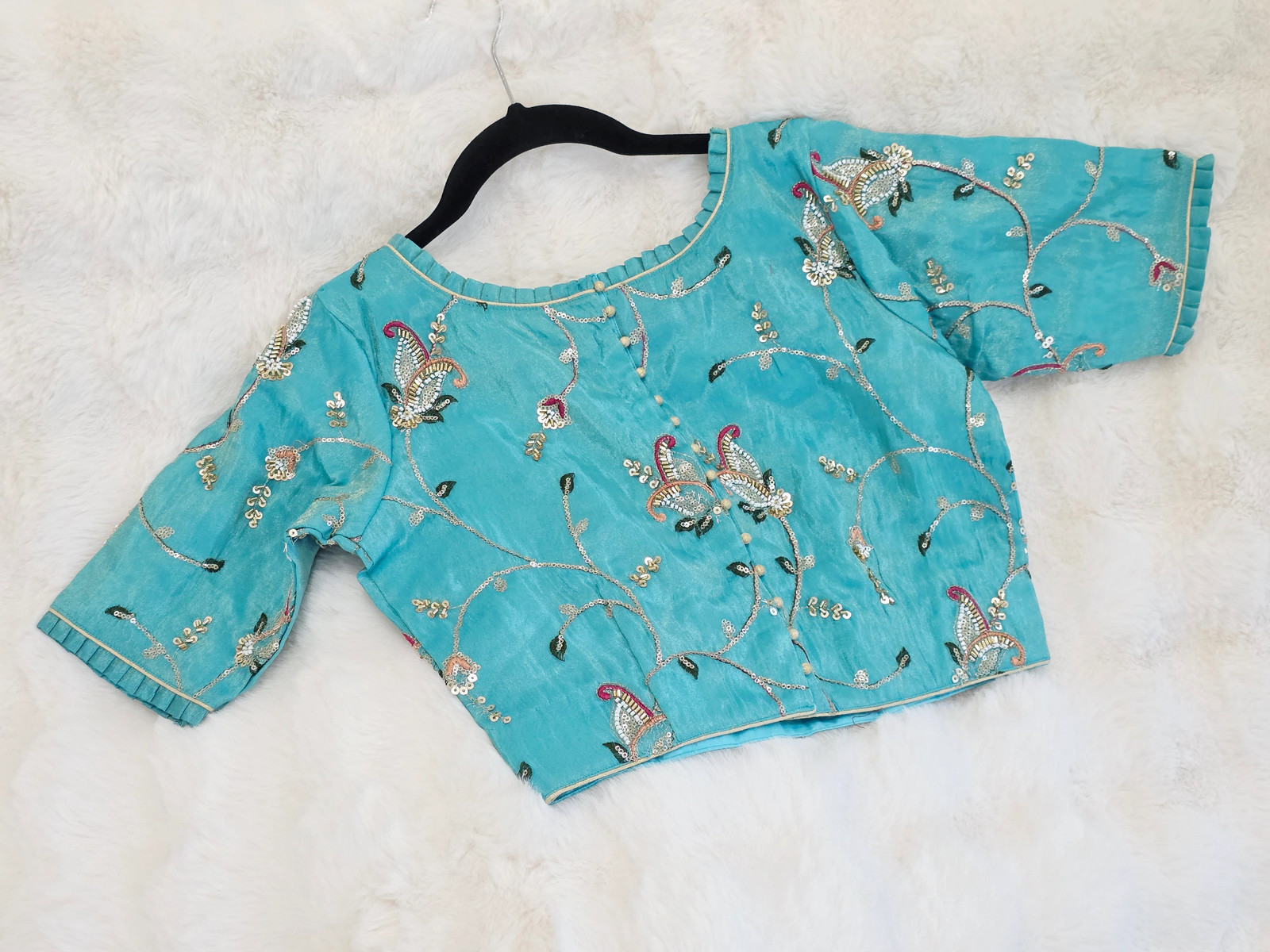 Aqua Blue Tissue Fabric Embroidered Sequins Designer Blouse