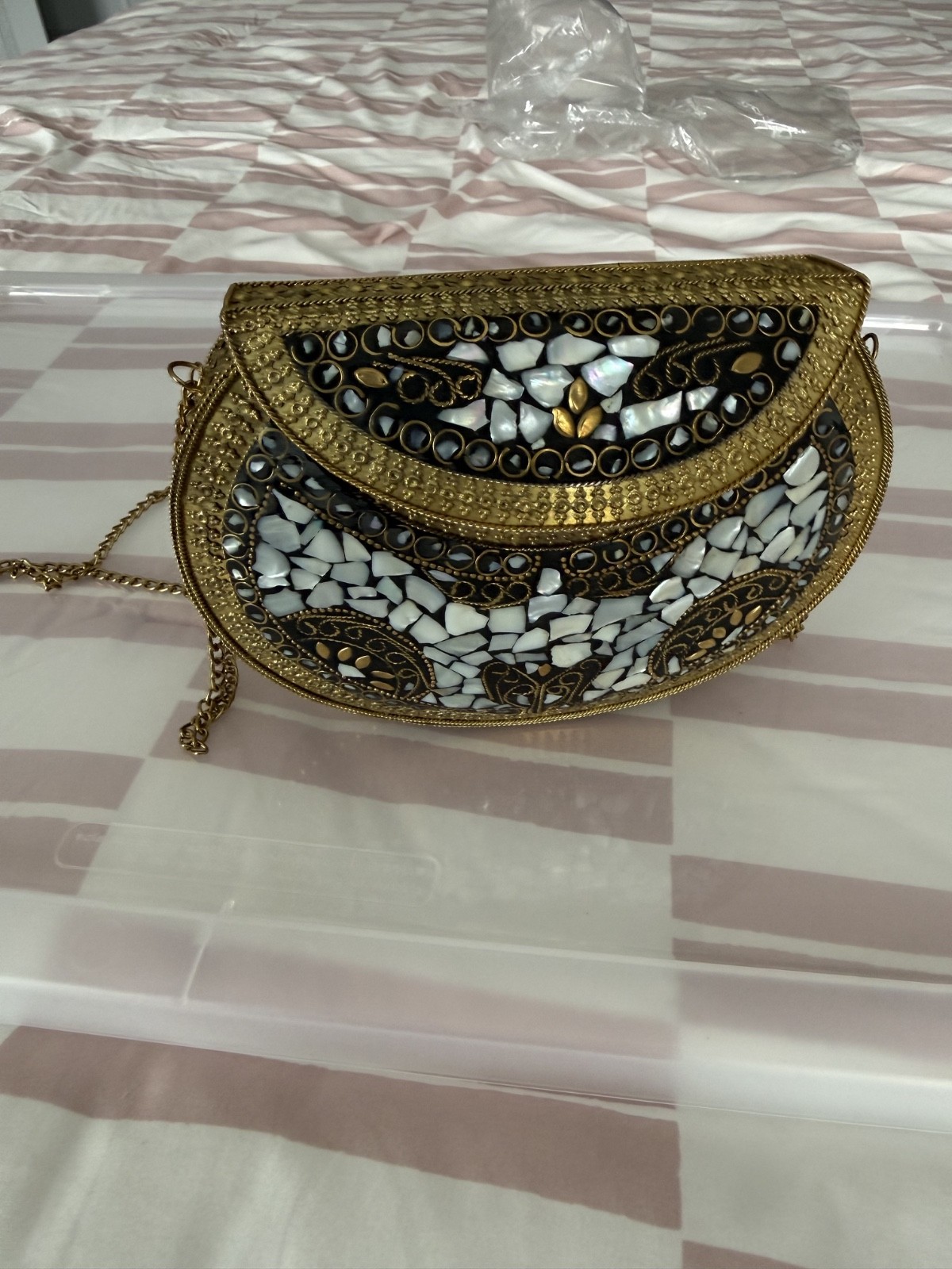 Vintage Mosaic Clutch Bag | Gold Black Pearl Shell Evening Purse Crossbody