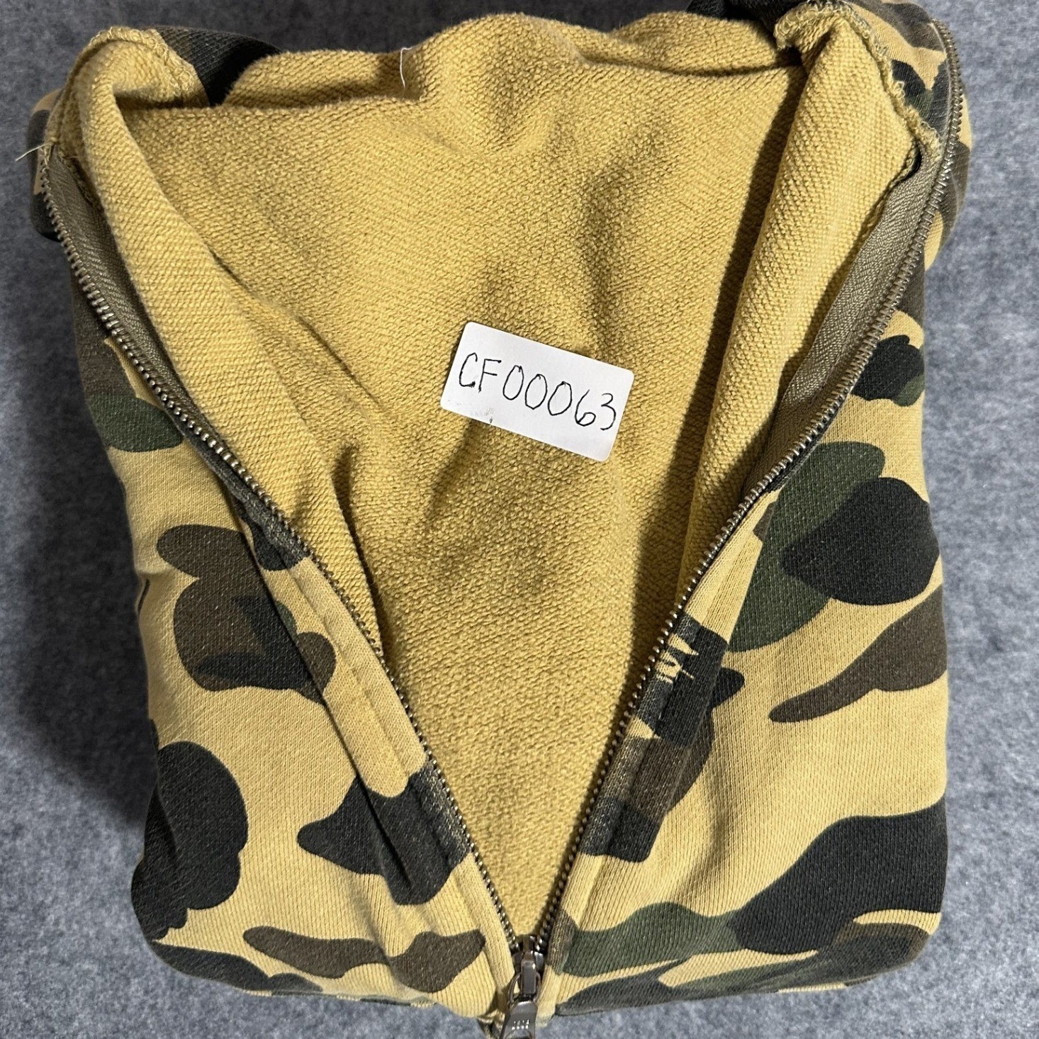 A Bathing Ape Shark Full-Zip Hoodie Medium Yellow Camo Cotton Frayed Hem