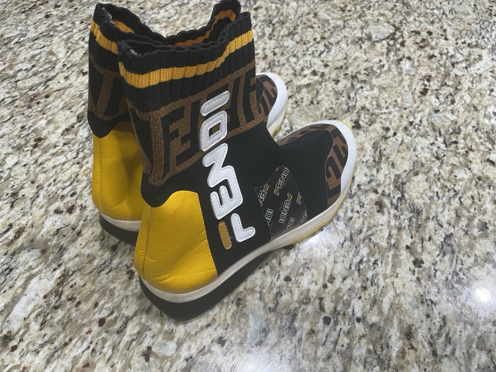 Fendi Black Brown Yellow women’s Pull On High Top Sock Style Athletic Sneakers
