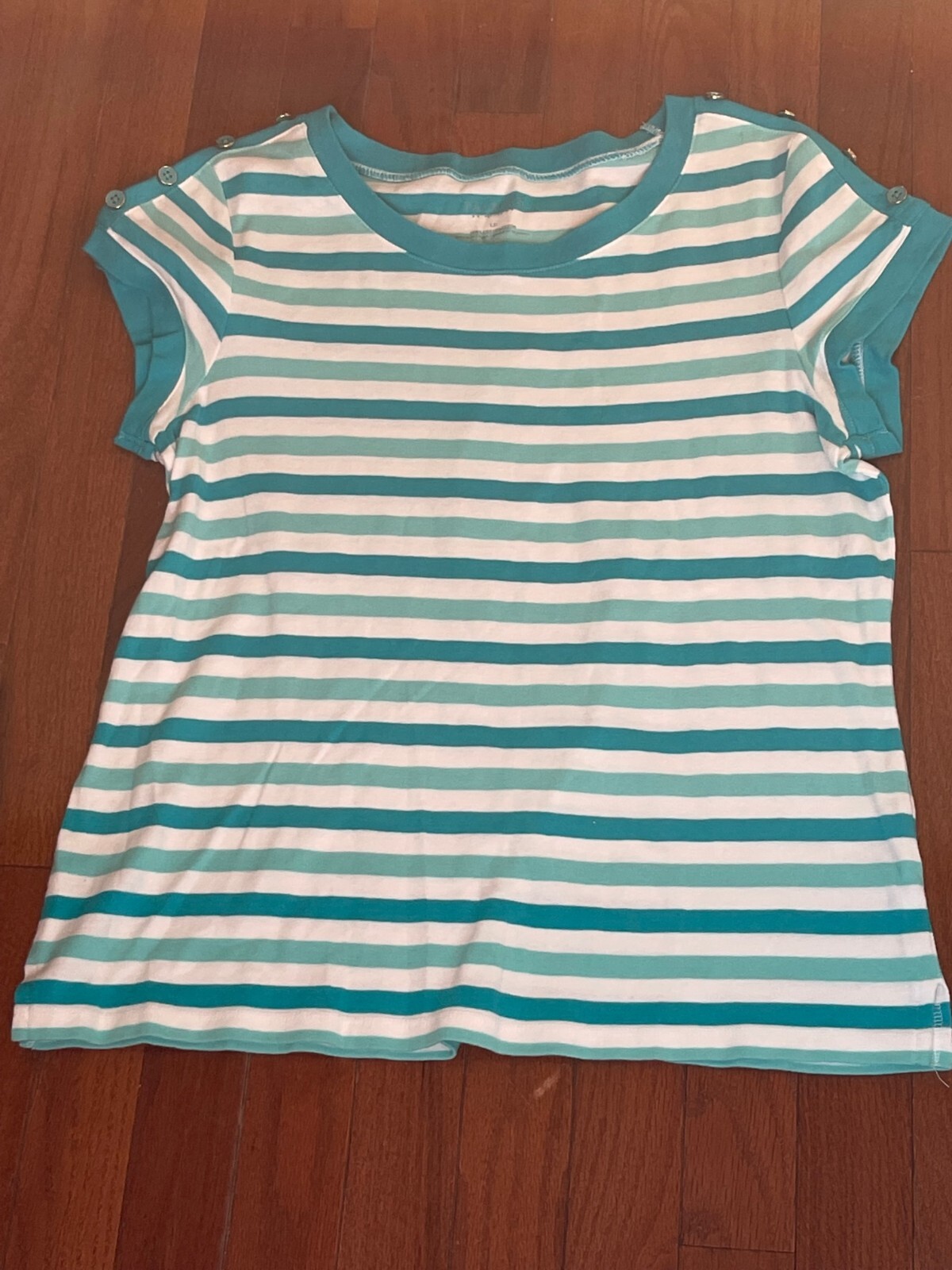 Talbots Petites Womens Turquoise and White Striped Top Shirt Size Large LP