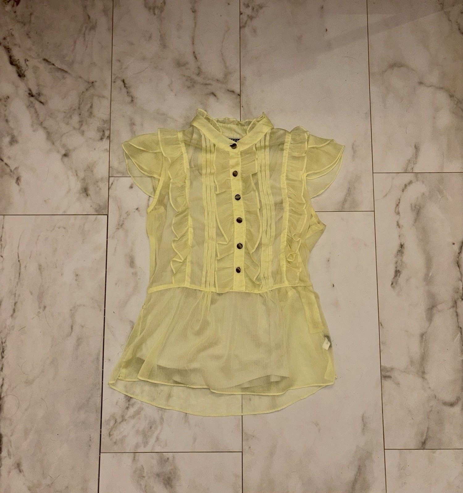 Dimri Sheer Ruffle Blouse Women’s Size M Yellow Button Front Romantic Chi