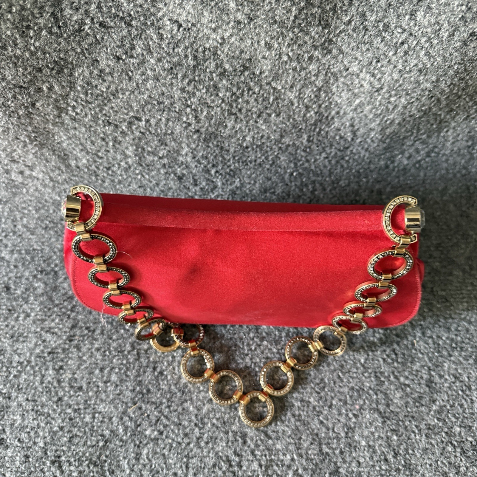 VTG Escada Red Satin Evening Bag Clutch Gold Geometric Link Chain Strap Italy