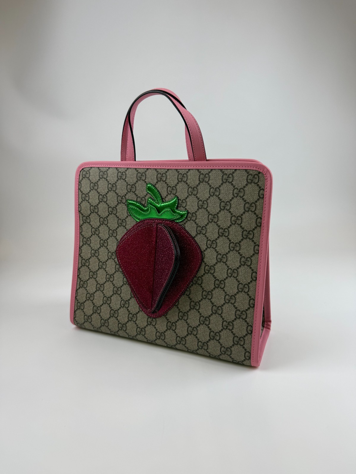 Gucci Kids GG Supreme 3D Strawberry Tote Handbag Pink Leather Trim