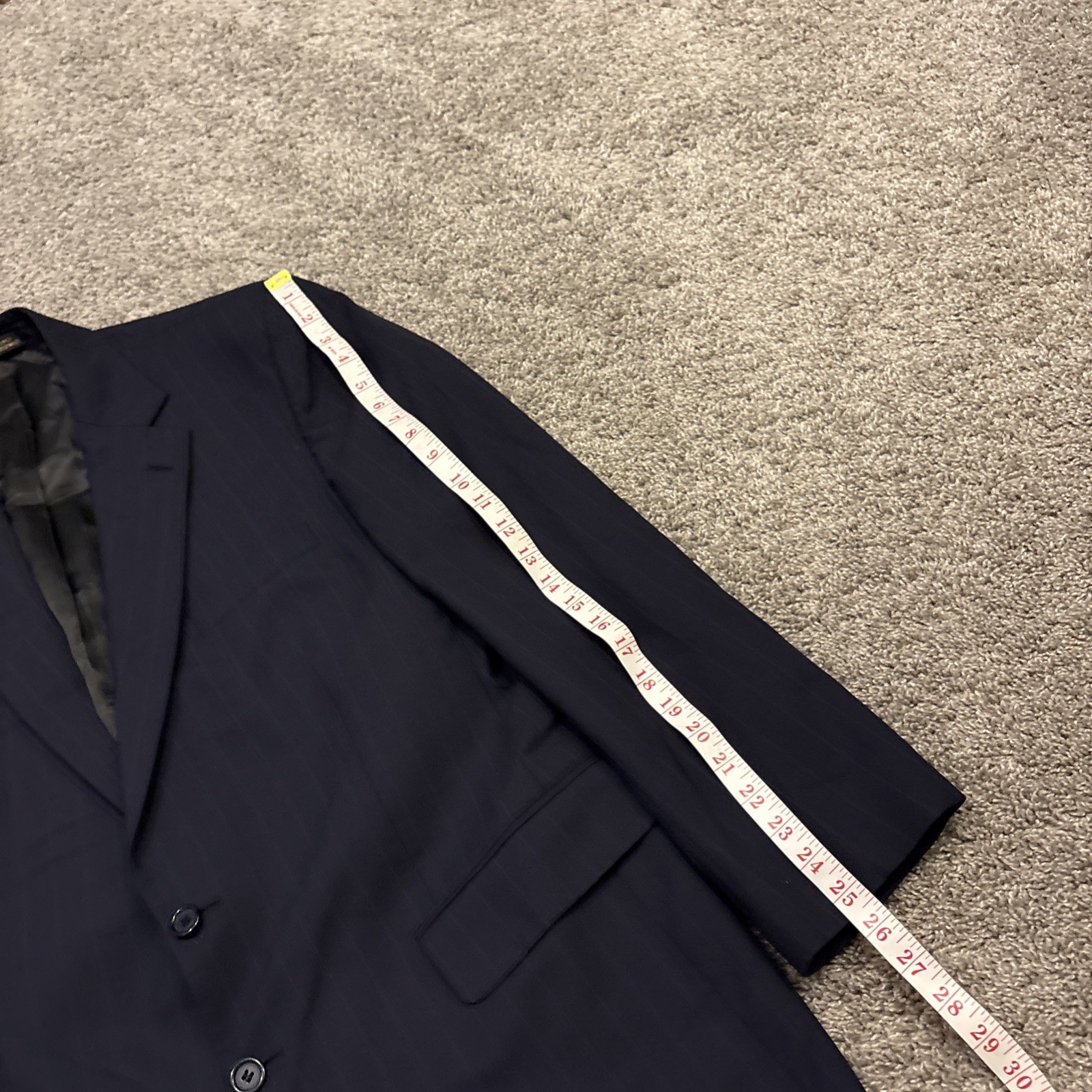 Tom James Mens 42R Pinstripe 2 Piece Suit Blue Corporate Image Pleated 36×32