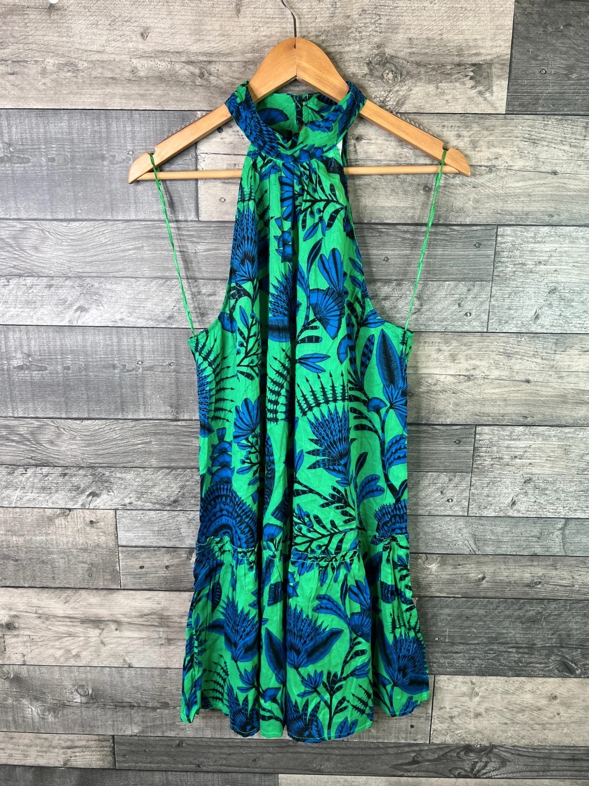 Accessorize Fan Halterneck Mini Dress Size Medium Green Blue Floral Cotton