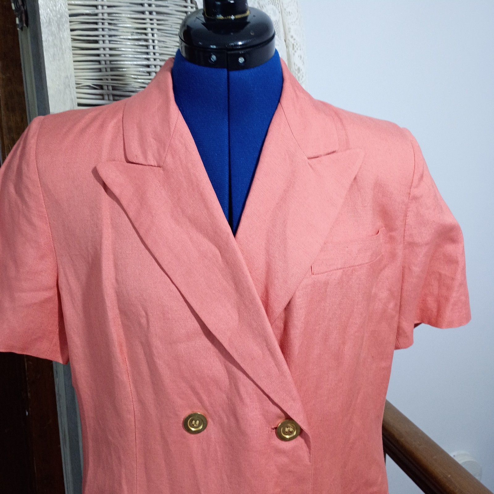 Harvé Benard Coral Linen Double-Breasted Dress With Satin Lining Size 10