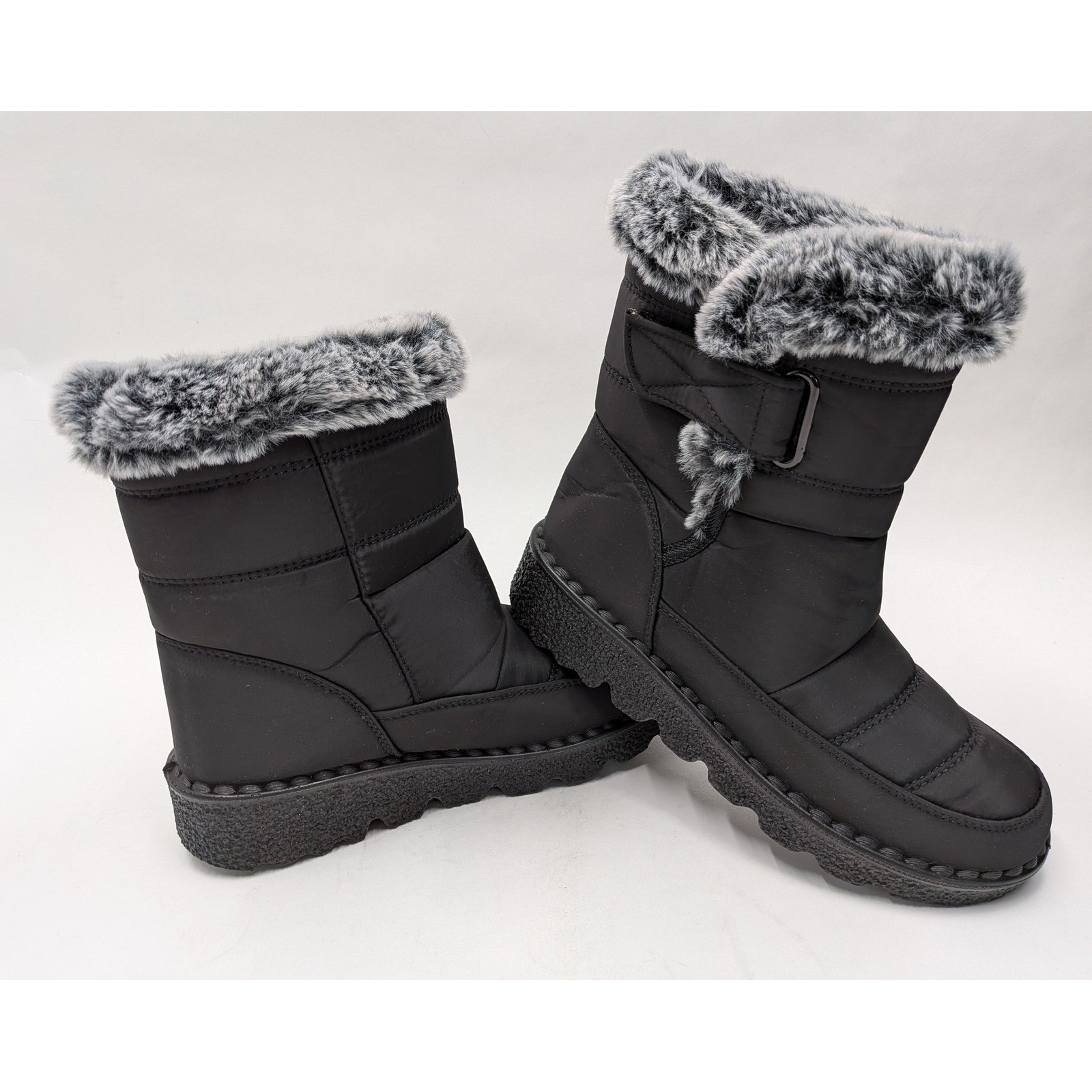 Black Faux Fur Trim Quilted Snow Boot Mid Calf Winter Platform Shoes Size 37/6.5