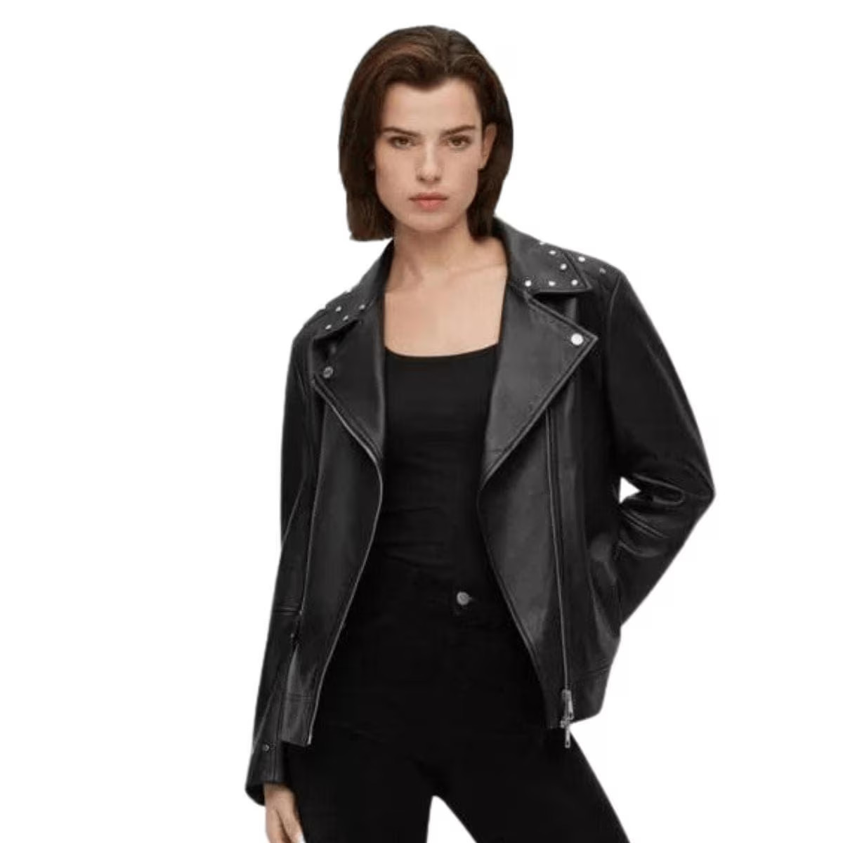 Black Leather Biker Jacket with Asymmetrical Zip & Snap Collar