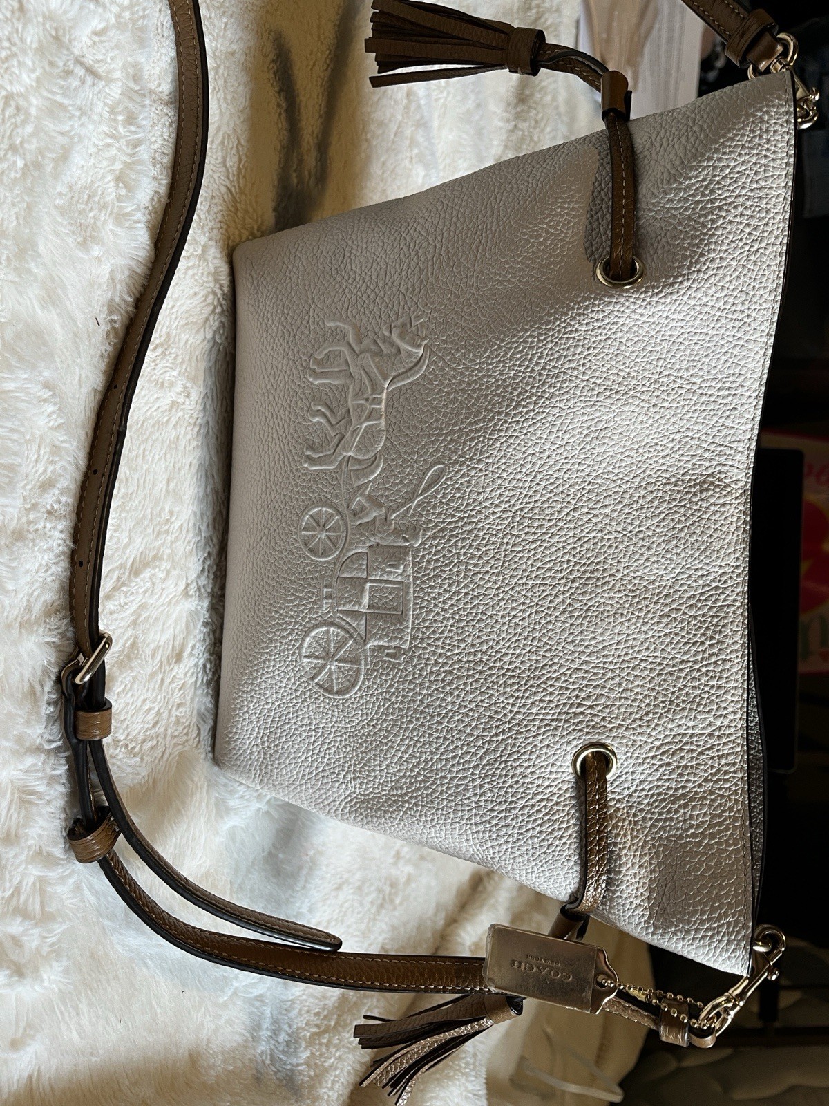Coach Pebbled Beige Medium Crossbody, Brown Strap, Tassel, Gold Hardware
