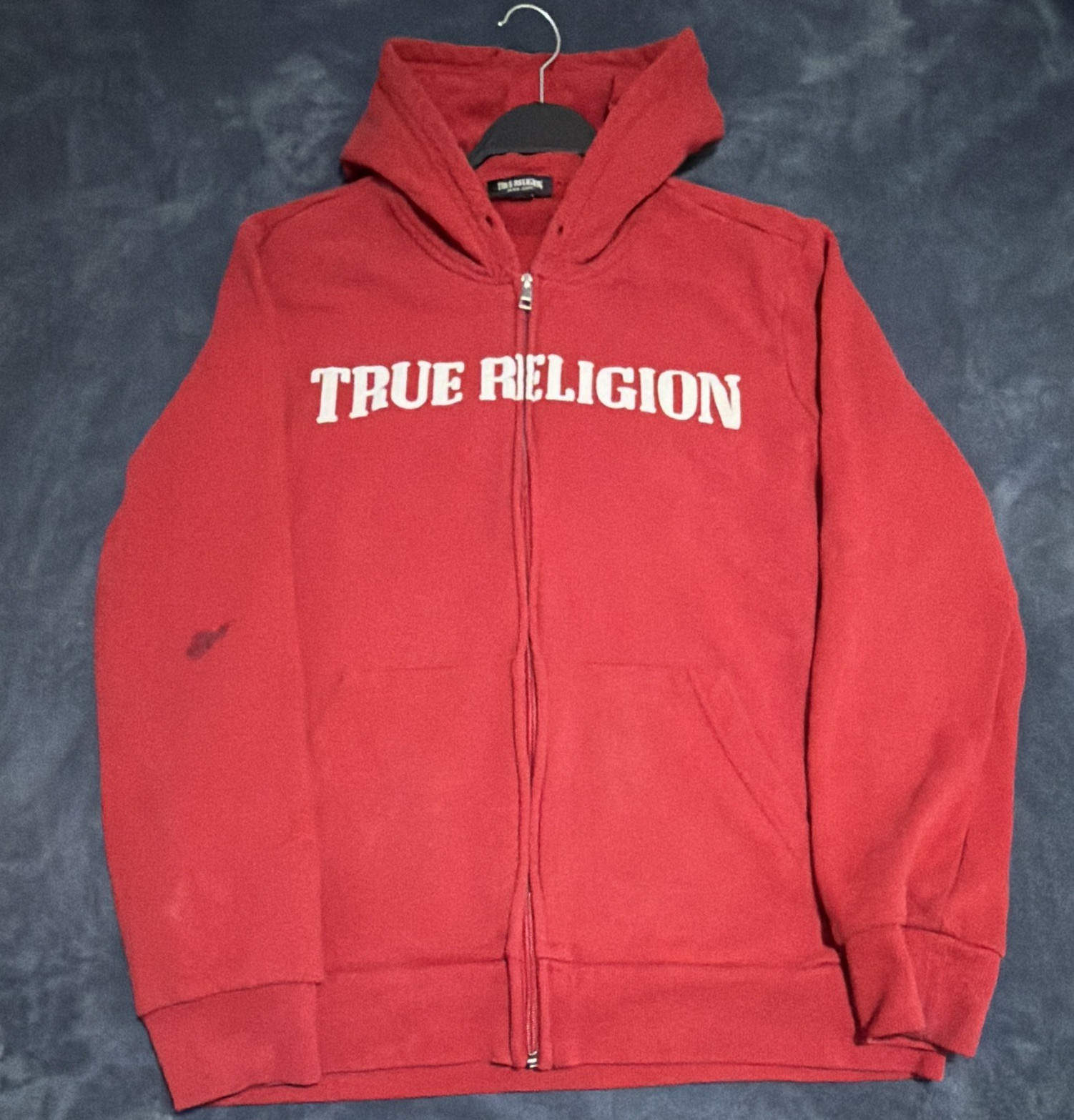 True Religion Men’s L Red Full Zip Logo Graphic Fleece Hoodie Pockets, No String