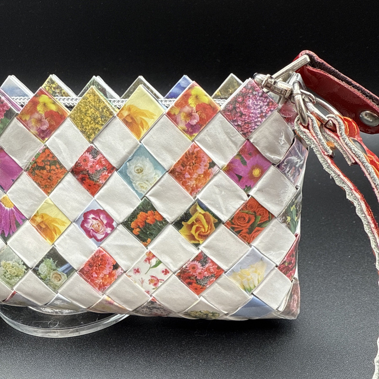 Nahui Ollin White And Floral Candy Wrapper Clutch Purse Wristlet Zip Top Woven