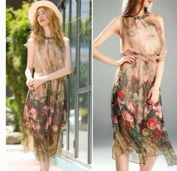 Queen Mulock Silk Chiffon Floral Blouson Dress Sz XL Fairy Ethereal Whimsical