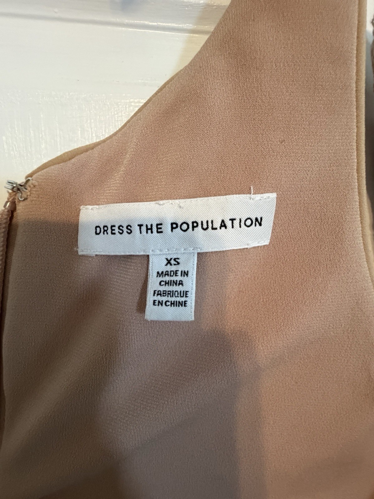 Dress The Population XS Beige/Brown Sequin Lace Floral V-Neck Lined Zip Dress